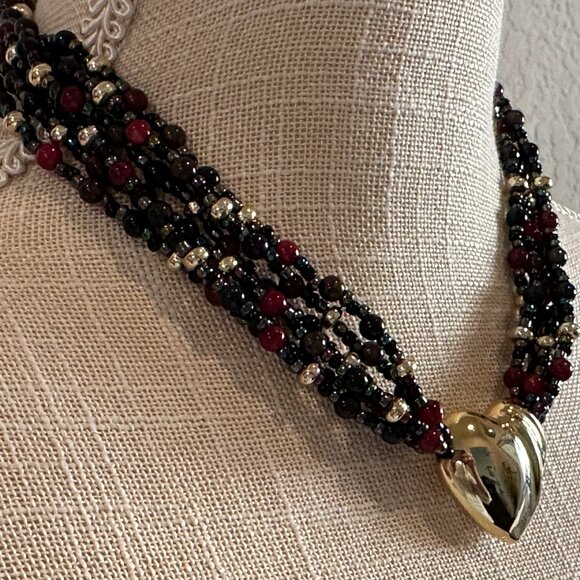 Jewelry - Choker Necklace Gold Tone Heart with 6 Beaded Strands